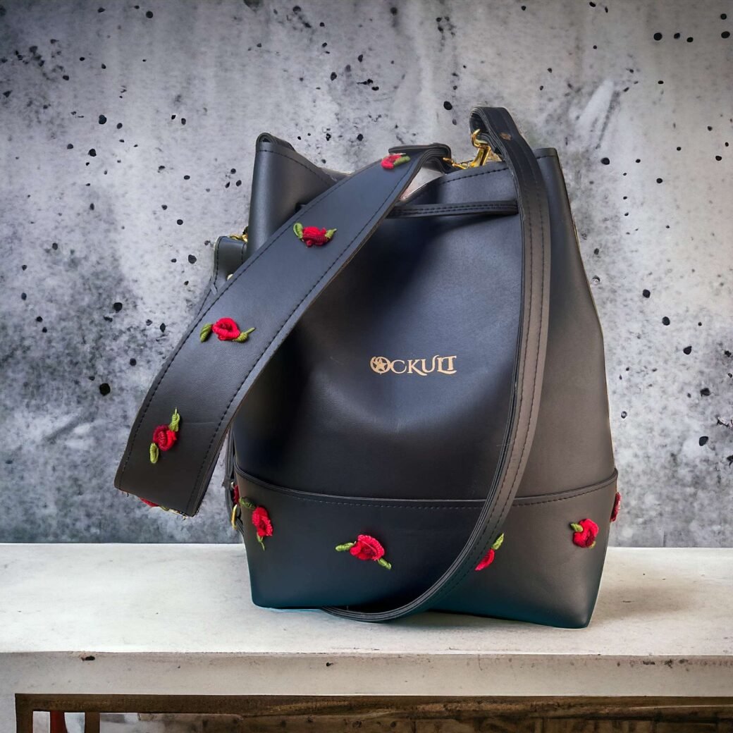 Black Floral Embroidered Bucket Bag